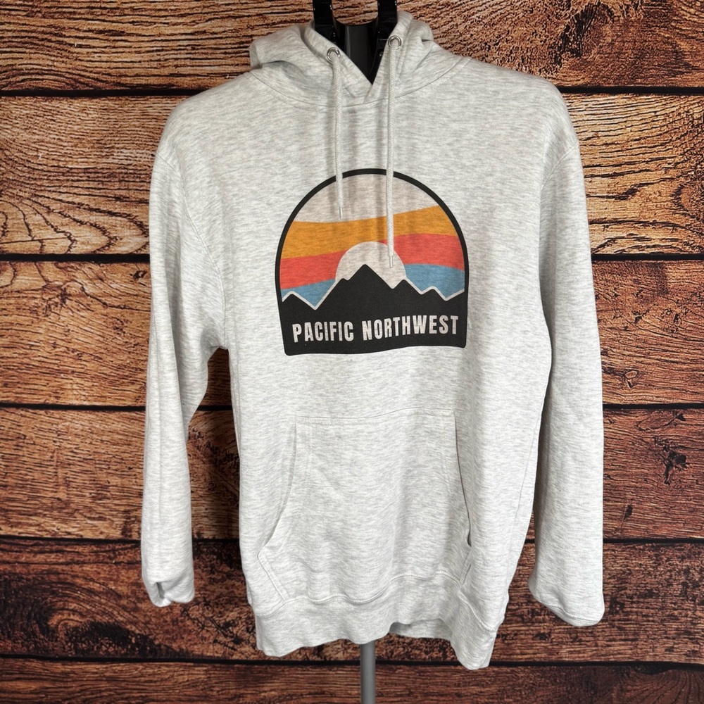 Pacific Northwest Graphic Hoodie Retro Sunset Mountain Gray Unisex Size L